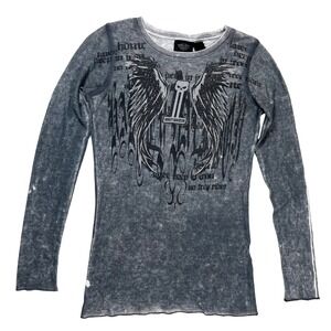 Harley Davidson Women's‎ Gray Long-Sleeve Embellished Waffle Shirt Sz Medium